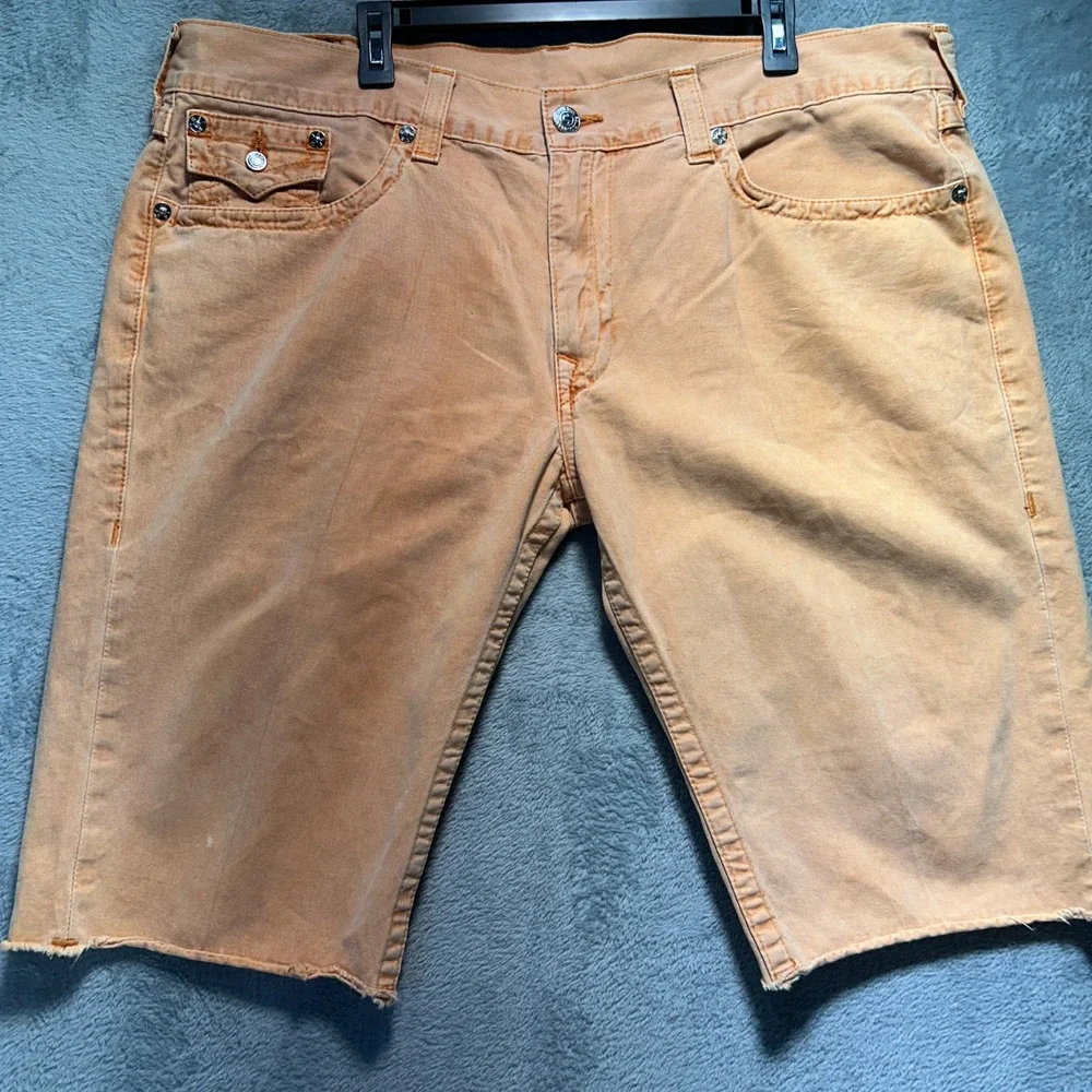 Y2K True Religion Orange Denim Cut Off Shorts Size 42 World Tour Flap Pocket Big